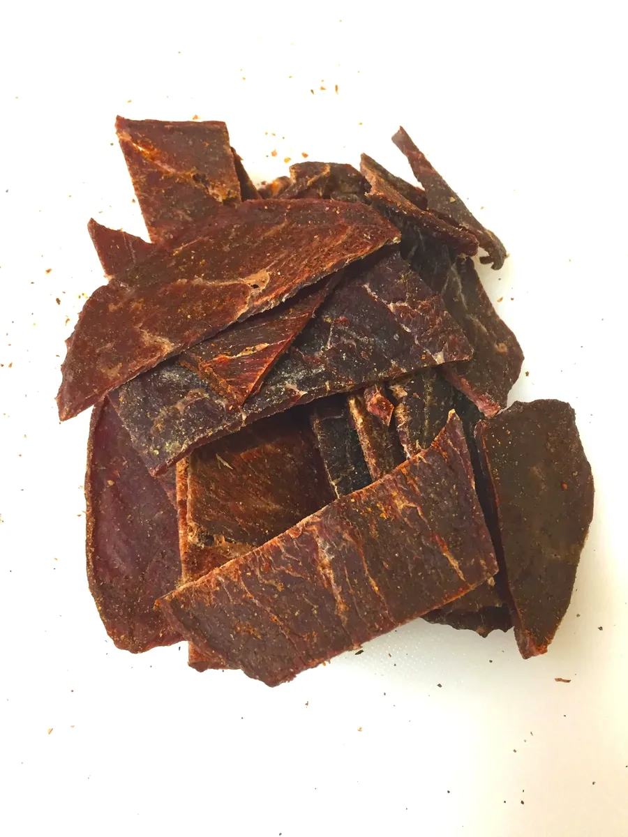 Pieces of Hot Hickory Old Fashioned jerky