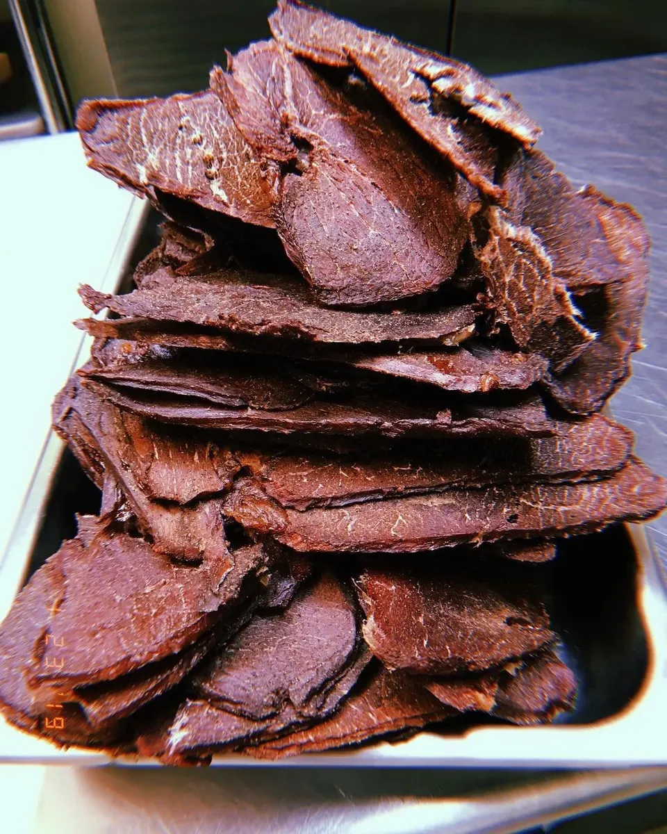 A pile of Old Fashioned hickory beef jerky
